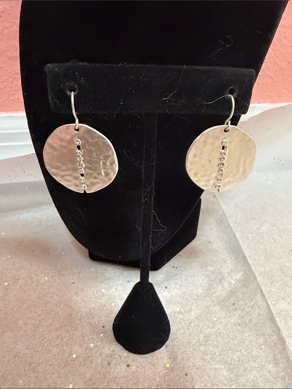 Park Lane Silver Hammered Disc Dangle Earrings with Rhinestone Accents